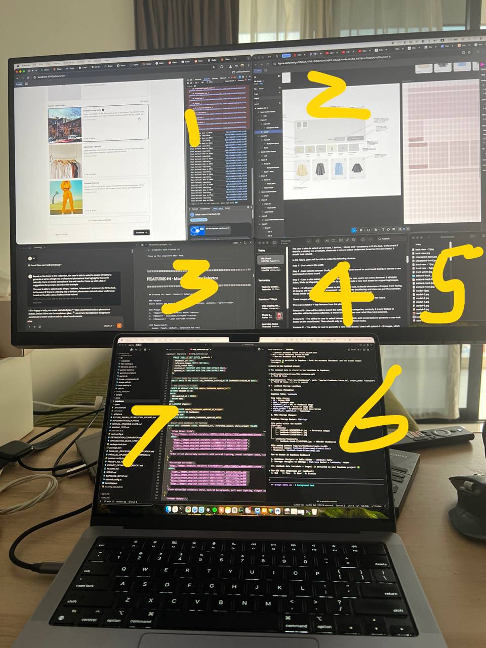 Multiple screens running simultaneously — twomore UI, Claude, Figma, code terminals