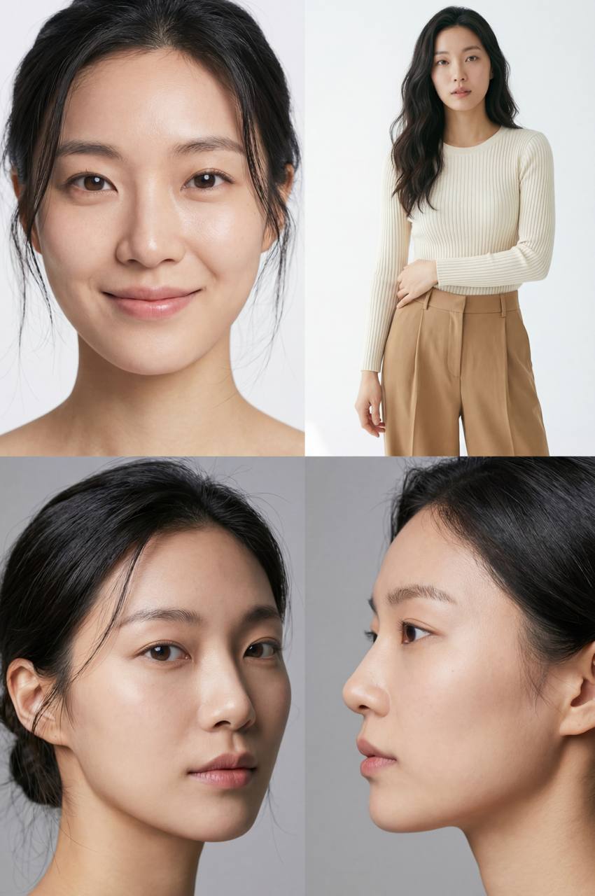 AI-generated female model — realistic close-up and outfit shots