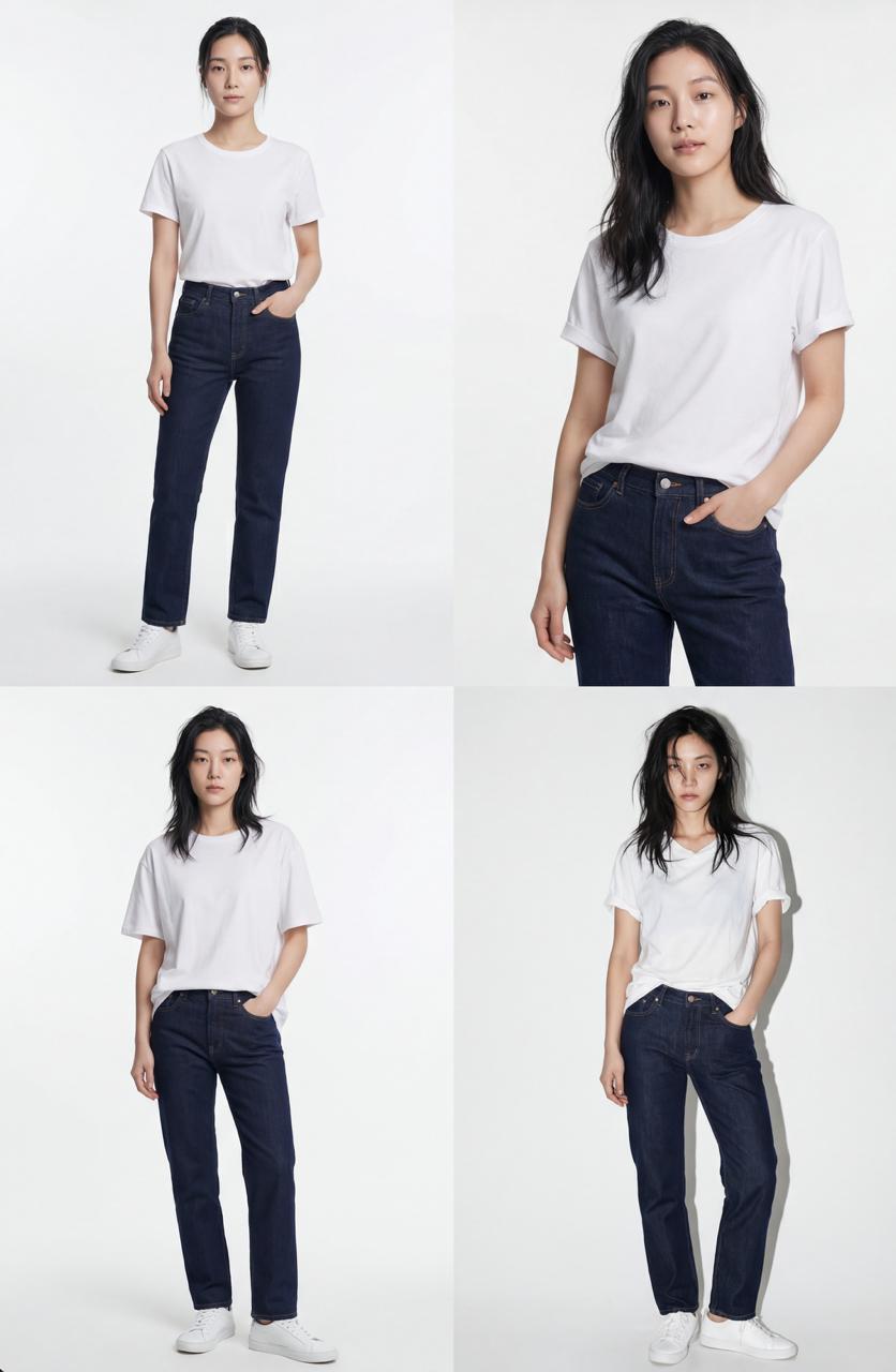 AI model output variations in same outfit, different shots