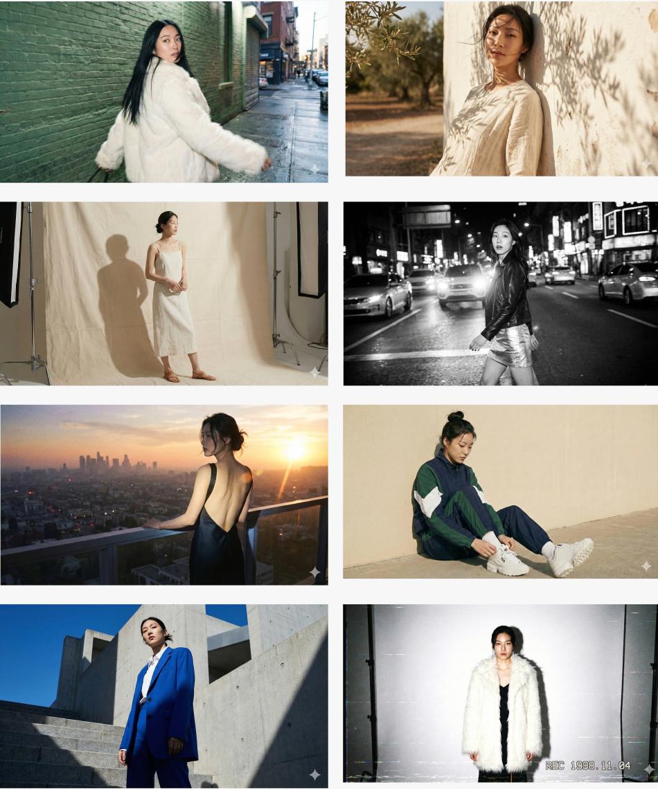 Same AI model across eight different moods, settings, and styles